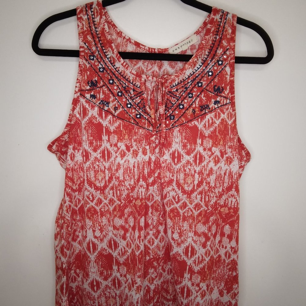 Retrology Red White Sleeveless Tank Top with Blue Embroidery Front Tie- Size M